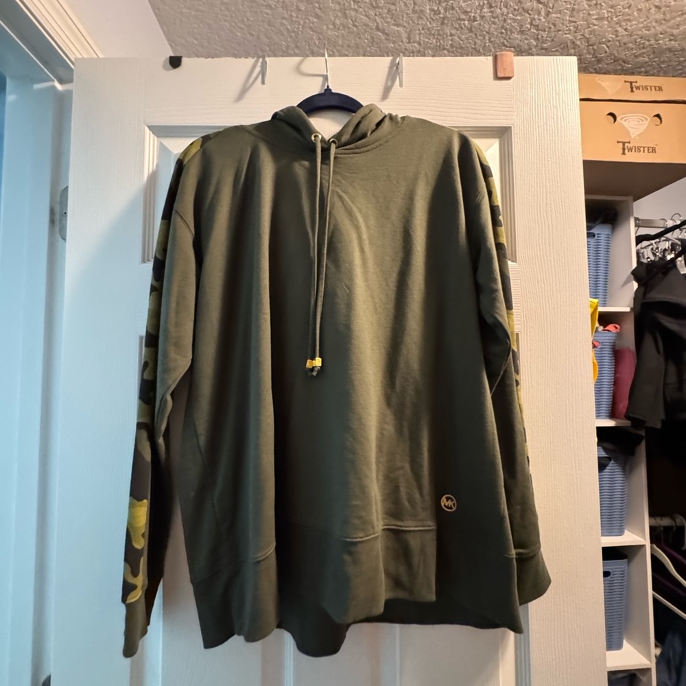 Michael Kors Olive Green Hoodie with Camouflage Sleeve Detail